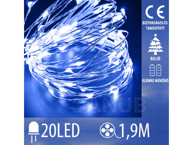 Karácsonyi mikro led fényfüzér elemekkel működő + 20led – 1,9m kék
