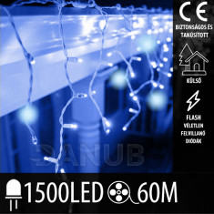 Karácsonyi kültéri led fényfüggöny flash - 1500led – 60m – kék / hideg fehér