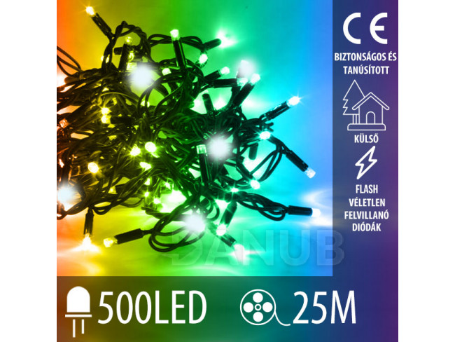 Karácsonyi kültéri led fényfüzér FLASH - 500led – 25m - multicolour / hideg fehér