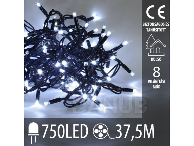 Karácsonyi kültéri led fényfüzér - programozható - 750led – 37,5m hideg fehér