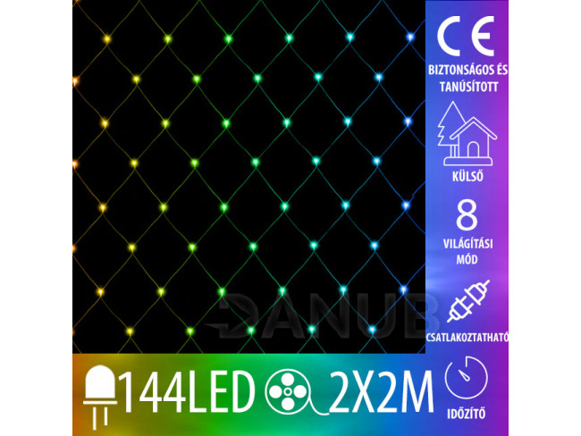 Karácsonyi kültéri led fényháló csatlakoztatható + programozható + időzítő - 144led – 2x2m multicolour