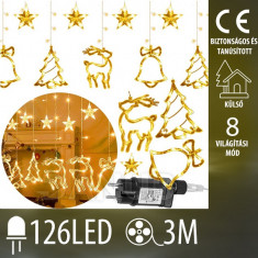 Karácsonyi kültéri led fényfüggöny – világító díszek – programozó – 126led - 3m meleg fehér