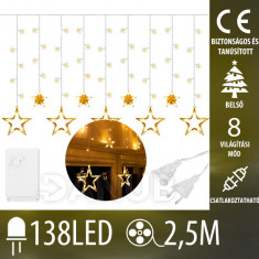 Karácsonyi beltéri led fényfüggöny csatlakoztatható – csillagok – programok - 138led – 2,5m meleg fehér