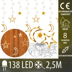Karácsonyi kültéri led fényfüggöny csatlakoztatható – csillagok/holdak – programok - 138led – 2,5m meleg fehér
