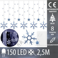 Karácsonyi beltéri led fényfüggöny csatlakoztatható – hópelyhek – programok - 150led – 2,5m hideg fehér