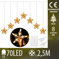 Karácsonyi beltéri led fényfüggöny csatlakoztatható – csillagok - programok – 70led – 2,5m - meleg fehér