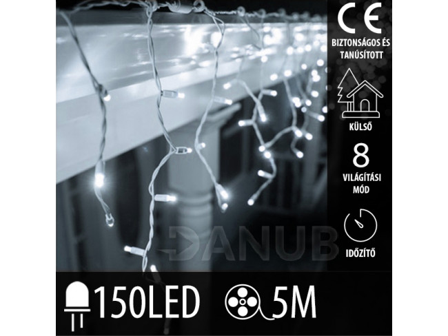 Karácsonyi kültéri LED fényfüggöny - programok - időzítő – 150 LED – 5 M hideg fehér