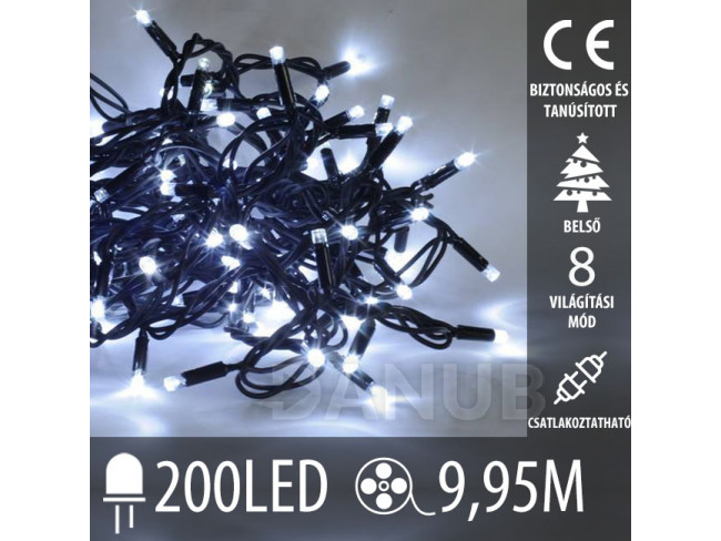 Karácsonyi LED beltéri fénylánc csatlakoztatásra + programok - 200LED - 9,95M Hideg fehér