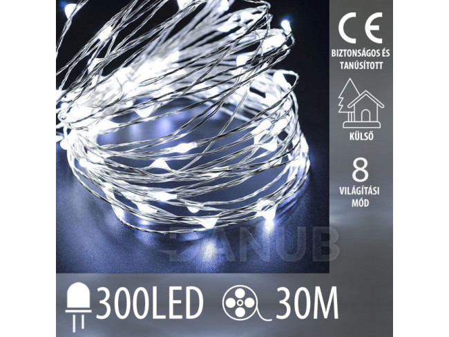 Karácsonyi mikro led fényfüzér kültéri + programozható + távirányító - 300led - 30m hideg fehér
