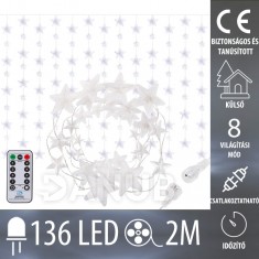 Karácsonyi LED fényfüggöny kültéri - csillagok  - programok - időzítő + távirányító - 136LED - 2M Hideg fehér