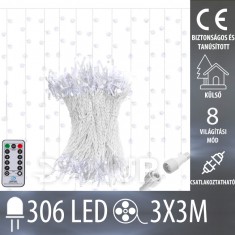 Karácsonyi LED fényfüggöny kültéri - függő - programok - 306LED - 3x3M Hideg fehér