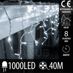 Karácsonyi LED fényfüggöny kültéri - programok + távirányító - 1000LED - 40M Hideg fehér
