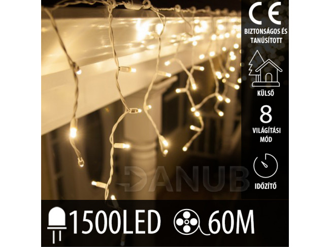 Karácsonyi LED fényfüggöny kültéri - programok + távirányító - 1500LED - 60M Meleg fehér