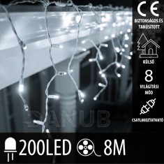 Karácsonyi LED fényfüggöny kültéri - programok - 200led - 8m Hideg fehér