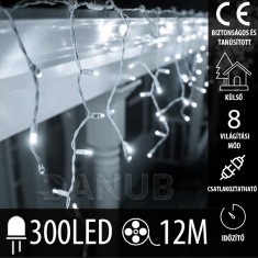 Karácsonyi LED fényfüggöny kültéri - programok - időzítő + távirányító - 300LED - 12M Hideg fehér