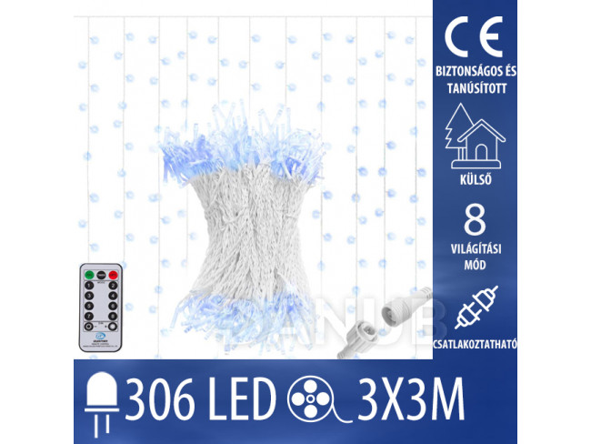 Karácsonyi LED fényfüggöny összeköthető kültéri - függöny - programok - 306LED - 3x3M Kék