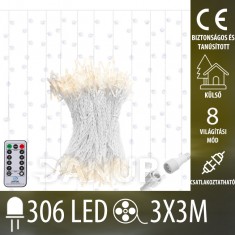 Karácsonyi LED fényfüggöny összeköthető kültéri - függöny - programok - 306LED - 3x3M Meleg fehér