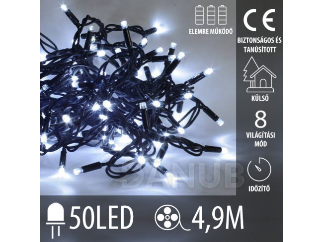 Karácsonyi LED fénylánc kültéri elemes, időzítővel + programozó - 50LED - 4,90M Hideg fehér