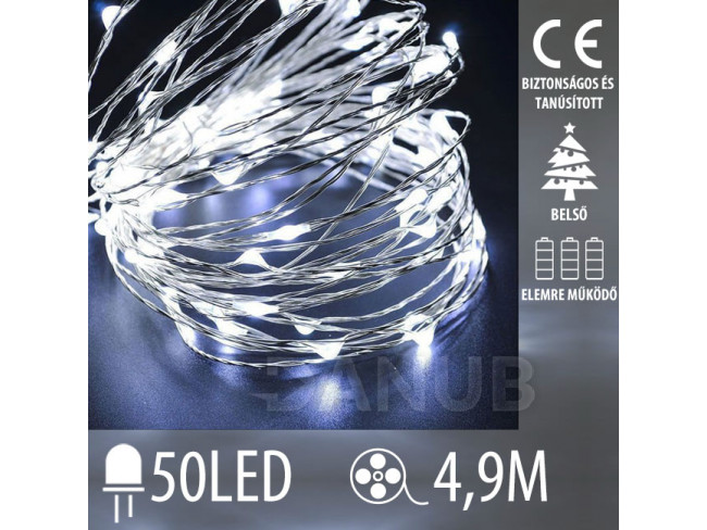 Karácsonyi LED világító mikrolánc elemekre - 50LED - 4,9M Hideg fehér