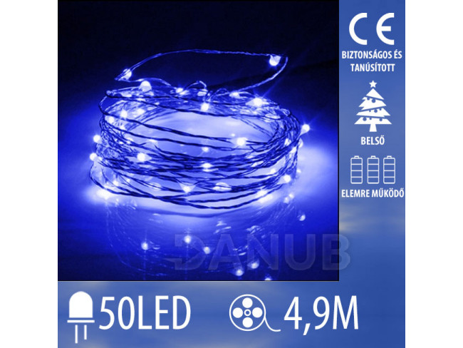 Karácsonyi LED világító mikrolánc elemekre - 50LED - 4,9M Kék