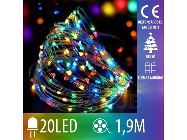 Karácsonyi mikro led fényfüzér elemekkel működő - 20led - 1,9m multicolour