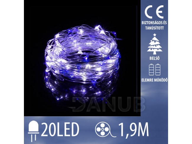Karácsonyi mikro led fényfüzér elemekkel működő - 20led - 1,9m hideg fehér + kék