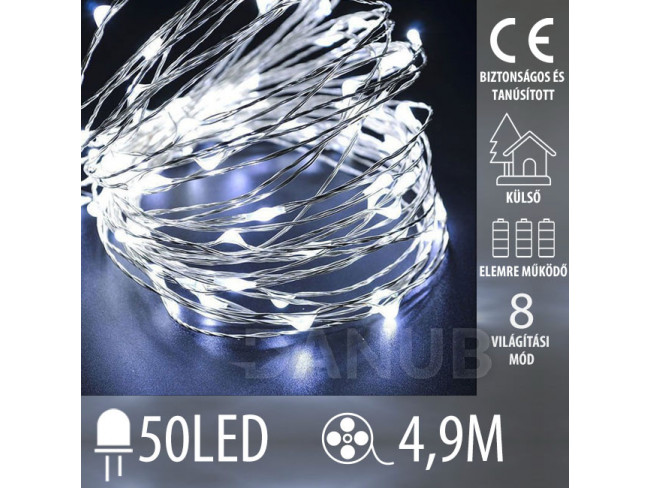 Karácsonyi kültéri mikro led fényfüzér elemmel működő + programok + távvezérlés - 50led – 4,9m hideg fehér