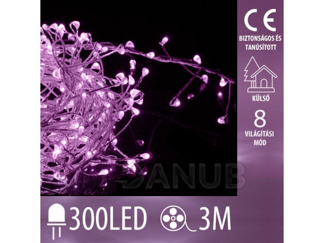 Karácsonyi mikro led fényfüzér kültéri + programozható - 300led - 3m rózsaszín + hideg fehér