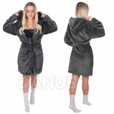 Női plüss WARM köntös kapucnival - L/XL - sötétszürke