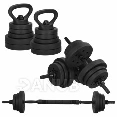 Bitumenes súlyzók - 29 kg - állítható szett: rúd + súlyok + kettlebell