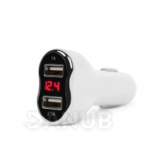 Adapter autós öngyújtóba kettős USB porttal, feszültség- és áramméréssel – fehér