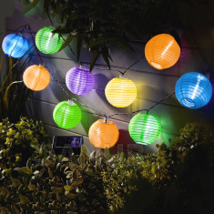Szolár lampion fényfüzér - 10 db színes lampion, hidegfehér LED - 2,5 m