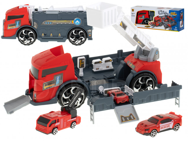 Tranzsporter TIR 2az1-ben parkoló vontató tűzoltóautó + 3 autó piros