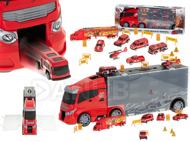 Teherautó - szállító - autóindítóval + 7 tűzoltóautó