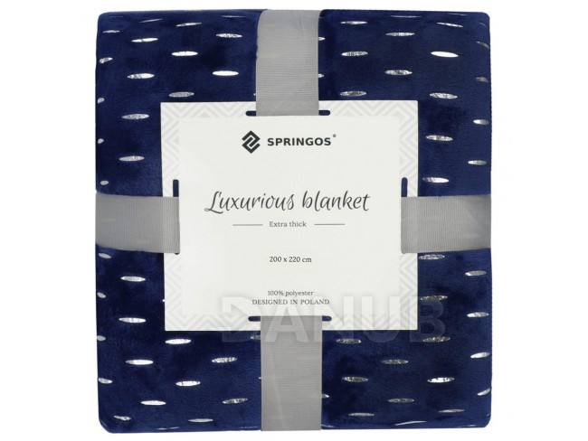 SPRINGOS Plüss takaró LUX - 200x220cm - sötétkék + ezüst részletek