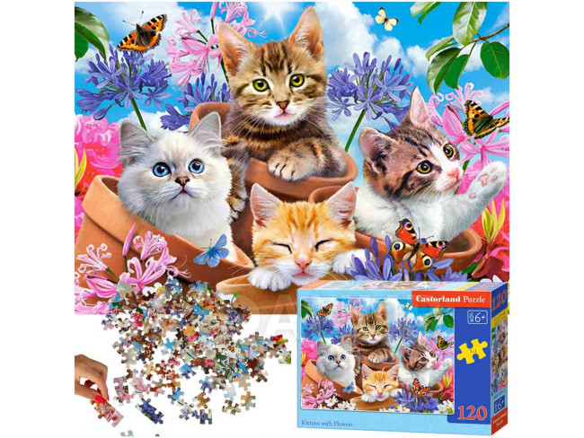 CASTORLAND Puzzle 120 darabos Kiscicák virágokkal - 6+