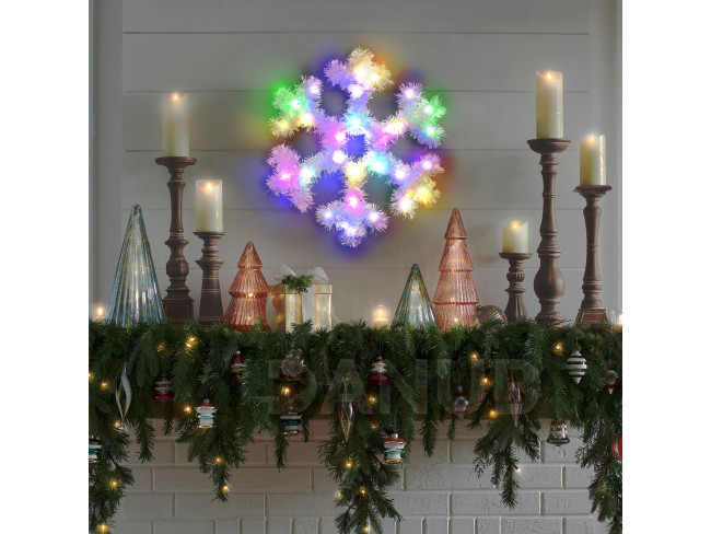 Karácsonyi dekoráció - irizáló, színes LED-es hópehely - 32 cm - elemes