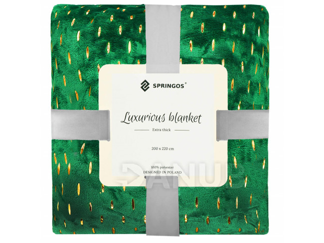 SPRINGOS Plüss takaró LUX - 200x220cm - zöld + arany részletek