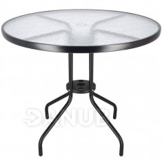 Springos Kerti asztal 90cm - kerek - fém + üveg, fekete