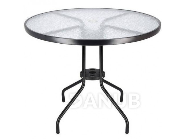 Springos Kerti asztal 90cm - kerek - fém + üveg, fekete