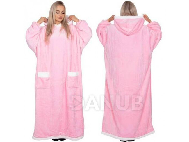 Női meleg bársony oversize 2in1 kapucnis pulóver - hosszú - rózsaszín