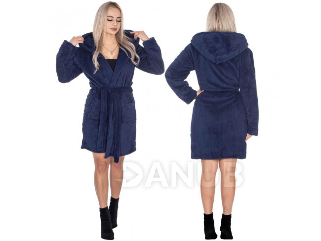 Classic Női plüss fürdőköpeny kapucnival - L/XL - sötétkék