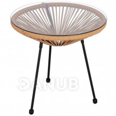 Kerti rattan asztal üveggel - kerek - 50 cm - fekete