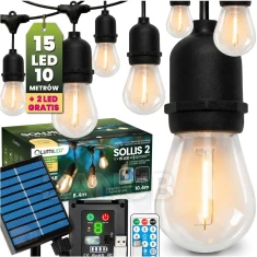 Napelemes kertifényfüzér 15x LED díszlámpa 10,4m 2700K meleg + távirányító IP65 SOLLIS 2 LUMILED