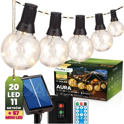 Kerti napenergia girland 20x LED dekoratív lámpák 10,55m 3000K meleg + távirányító AURA LUMILED