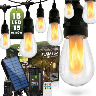 Napelemes kertifényfüzér 15x LED láng dekoratív világítás 15m 1800K meleg FLAME LUMILED
