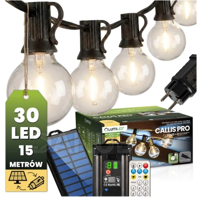 Napelemes kertifényfüzér 30x LED dekoratív gömb 15,05m 2700K meleg fehér + távirányító Lumiled