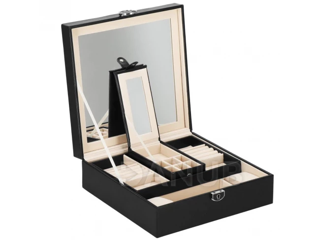 Ékszerdoboz 2 az 1-ben - fekete öko-bőr