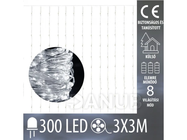 Karácsonyi kültéri led fényfüggöny elemmel működő – 300 led –  programok – távvezérlés – 3x3m – hideg fehér