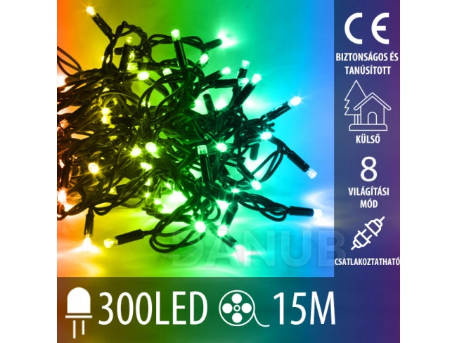 Karácsonyi kültéri led fényfüzér – csatlakoztatható + programozható - 300led – 15m Multicolour